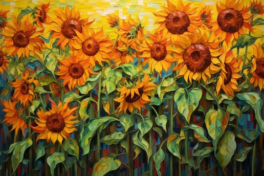 Oil painting of sunflowers against a Thai background. Generative AI