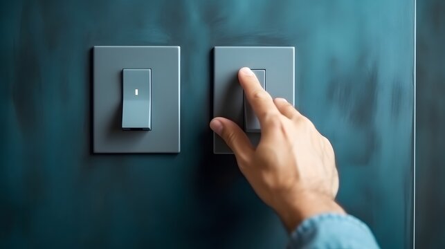 The young man's hand turned off the light switch Energy saving concept