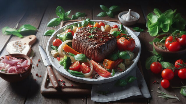 Steak and Vegetables on Wooden Table - AI generated Illustration, realistic