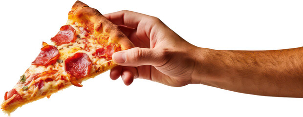 Hand holding delicious slice of pepperoni pizza, cheese, salami, PNG, Transparent, isolate. - obrazy, fototapety, plakaty