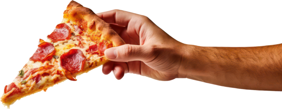 Hand holding delicious slice of pepperoni pizza, cheese, salami, PNG, Transparent, isolate.
