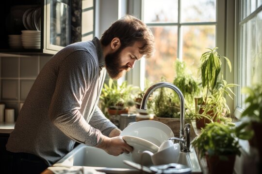 Hombre frustrado tratando de hacer las tareas del hogar. Cuidador del hogar. 