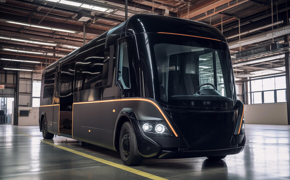Bus Manufacturing Workshop of EV automobile factory plant. Production of electric passenger buses. Self-driving passenger electric bus. E-bus. Public electric bus assembly line. eBus, Ai Generative