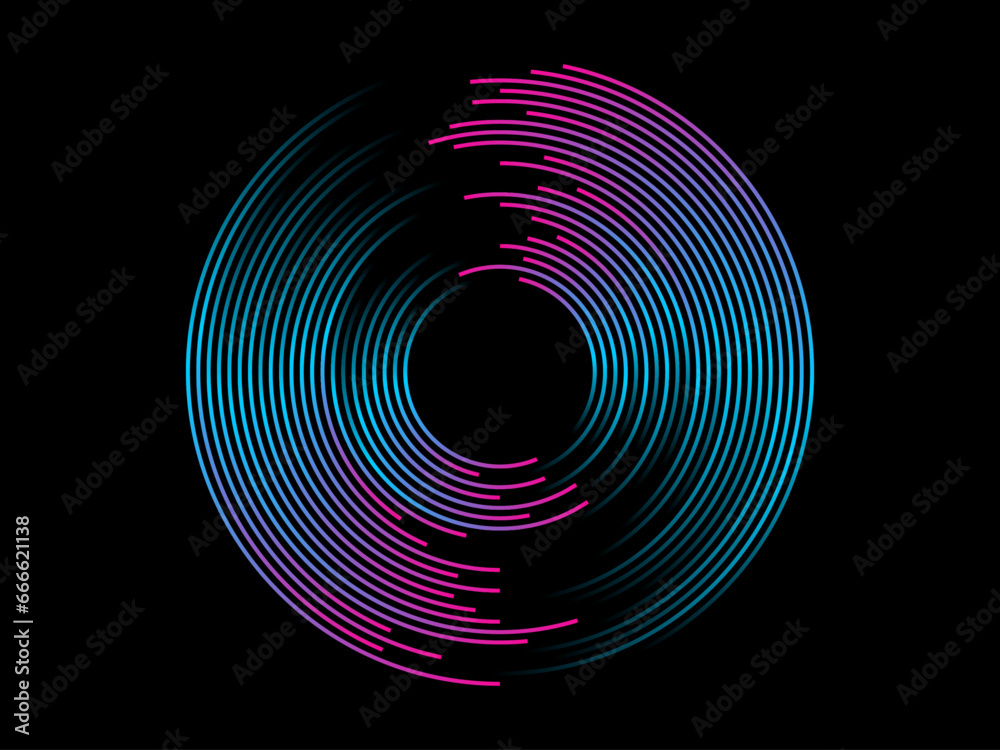 Poster abstract circle line pattern spin blue pink light isolated on black background in the concept of mus