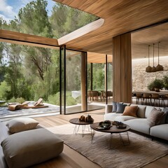 2. Architectural design and interior with tables, chairs, sofas and furniture arranged on a terrace with trees and pots in the garden beyond the large glass windows. Generative AI