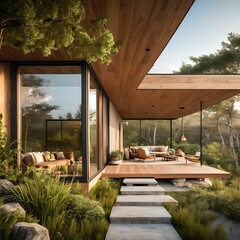 1. Architectural design and interior with tables, chairs, sofas and furniture arranged on a terrace with trees and pots in the garden beyond the large glass windows. Generative AI