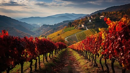 autumn hillside vineyard full of fallen