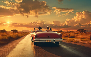 lovers traveling in a convertible drive on the highway at sunset - obrazy, fototapety, plakaty