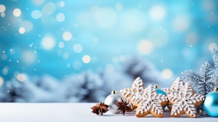 Fototapeta na wymiar christmas cookies and decoration ornaments in snow, with snowy blue landscape