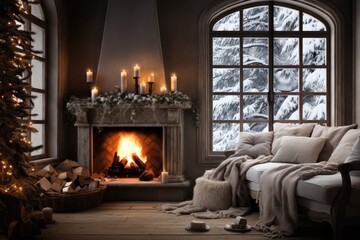 interior with a fireplace burning with a large window blizzard outside the window