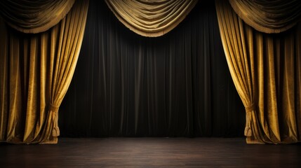 Empty background - Theater stage with black gold velvet curtains - obrazy, fototapety, plakaty