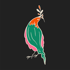 Bright retro poster, black background. Vintage cartoon style, colorful bird with branch. Retro style, hand drawn illustration.