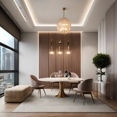 8. A hotel design interior with tables, chairs, sofas, and furniture. Generative AI
