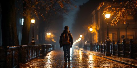 Junge mit Rucksack Rückenansicht auf der dunklen Straße in der Stadt im Querformat als Banner, ai generativ