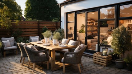 Fototapeta na wymiar Cozy patio area with garden furniture.