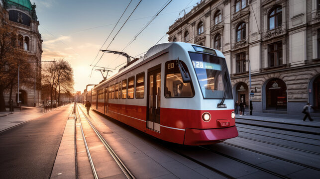 modern tram, whtie red color moving in a european city © The Stock Photo Girl