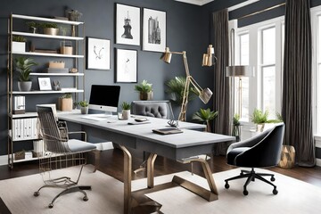 Home office space that is gray. Stylish velvet desk chair and metal accent chairs