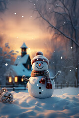 Fototapeta premium Christmas snowman in a snowy landscape on a New Year's card