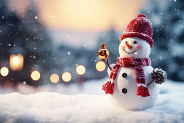 Naklejka na ściany i meble Christmas snowman in a snowy landscape on a New Year's card