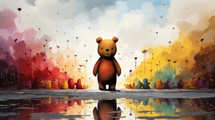 Papier Peint photo Chambre denfants Toy Bear standing facing the viewer with rainbow coloured trees set in a vanishing point landscape illustration - Created using Generative AI