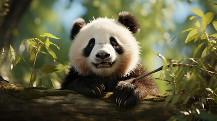 Fototapeta premium Panda Bear portrait looking at the viewer while leaning on a fallen tree - Created using Generative AI