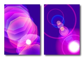  Set of abstract purple covers. Bright glowing colored background with glare. Modern design template for posters, ad banners, brochures, flyers, covers, websites.
