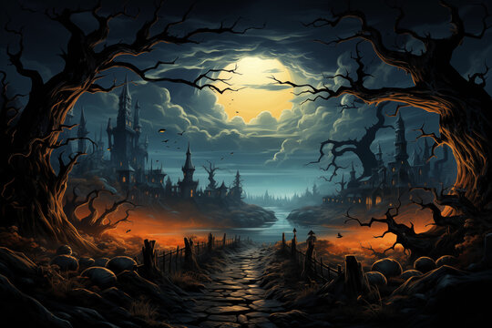Halloween spooky wet road with full moon and cringy tree branches, Pumpkins In Graveyard In The Spooky Night - Halloween Backdrop. Ai Generative 