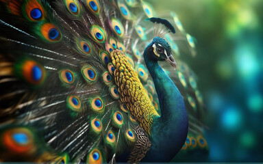Shining peacock, AI generated illustration, realistic