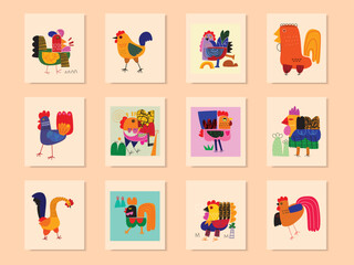Set of chicken hen and rooster icon character vector illustration. Cartoon poultry farm animal collection. © Suryadi