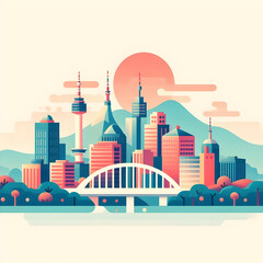 Cityscape of Seoul with bridge. Vector illustration in flat style.