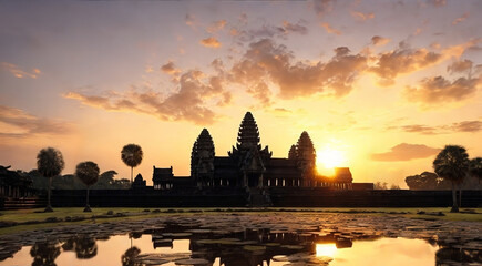 ancient stone Temple at sunrise, asia travel historical ruins
