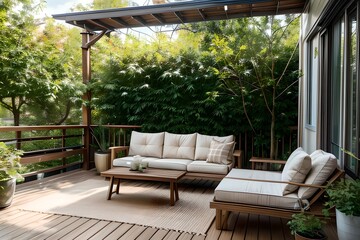 13. Home interior design with green trees and nice terrace sofas and tables and comfortable bright lights. 