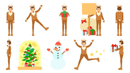 トナカイの格好の女性。様々な動作。フラットなベクターイラストセット。
A woman dressed as a reindeer. Various motions. Flat designed vector illustration.