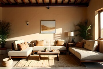 Fototapeta premium 16. Home interior design with warm, comfortable, modern living room and comfortable bright lights with desert-feeling windows. 