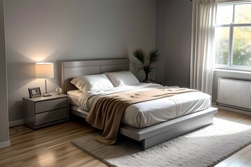 11. Simple bedroom and bed interior with beige color concept. 