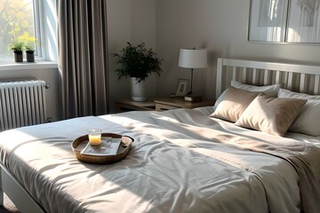 8. Simple bedroom and bed interior with beige color concept. 