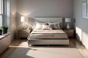 6. Simple bedroom and bed interior with beige color concept. 