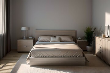Fototapeta na wymiar 1. Simple bedroom and bed interior with beige color concept. 