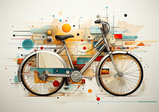 a bike surrounded by colorful shapes