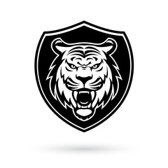 The black and white logo showcases a tiger mascot white head within a black shield, representing strength, competitiveness, and power