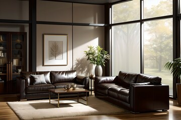 11. Modern living room design interiors in urban apartments. Sofa, furniture and masculine image. Generative AI