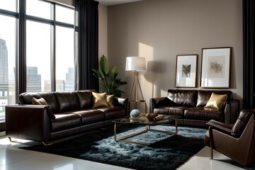 10. Modern living room design interiors in urban apartments. Sofa, furniture and masculine image. Generative AI