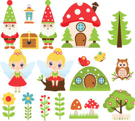 Cute cartoon fairies and gnomes, fairy houses. Fantasy vector set. Fairy tale set. Isolated on white background.
