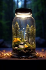 Small beautiful green world in a glass jar. AI generative