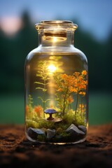 Small beautiful green world in a glass jar. AI generative