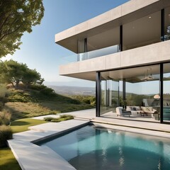 Fototapeta premium 3. A modern design of a building with balconies, with forests and trees visible out of cool, large windows, and a home-style room interior with simple furniture and sofas. Generative AI