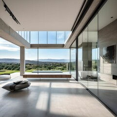 Fototapeta premium 3. Home-style room interior with cool, large windows, woods and trees, modern design, simple furniture and sofa. Generative AI