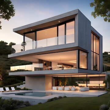 7. Modern house architectural design with swimming pool. Generative AI