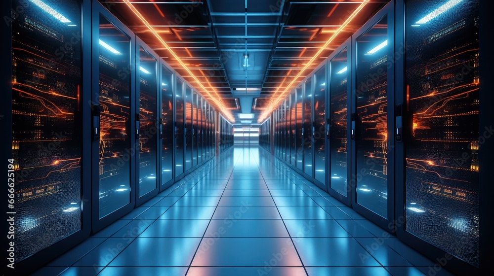 Aufkleber Data center filled with servers and supercomputers displaying high speed internet visuals