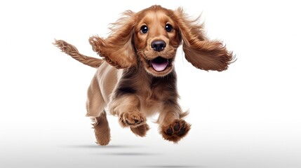 Energetic English cocker spaniel puppy playing happily isolated on white background